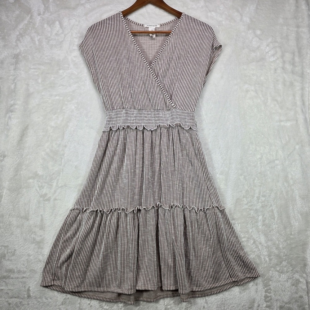 Caution To The Wind Tan Stripe A-Line Dress V-Neck Smocked Waist Womens L